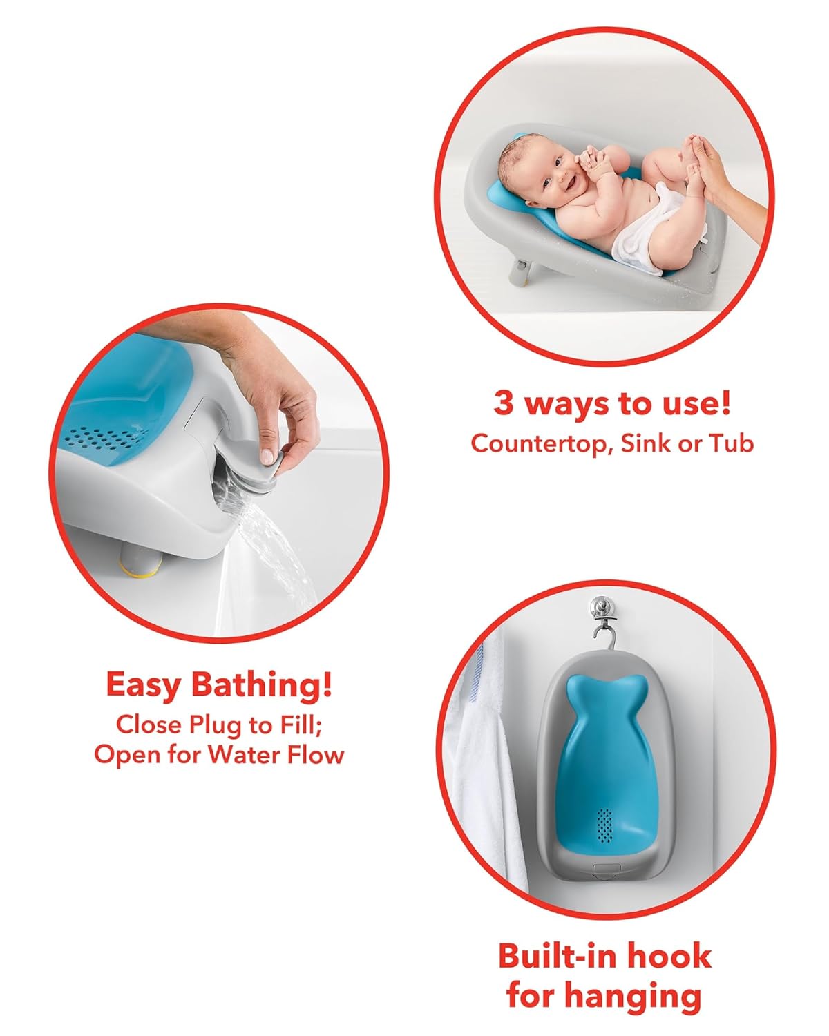 Skip Hop Moby Recline & Rinse Baby Bather, 2-Position Recline, Foldable Bath Support, Blue
