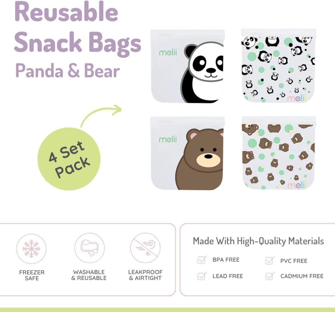 melii Reusable EVA Animal Snack Bags, Pack of 4, Leak Resistant, Washable & Reusable