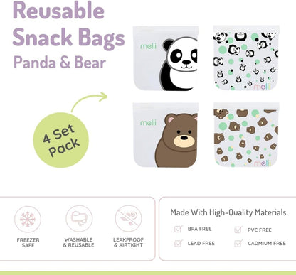melii Reusable EVA Animal Snack Bags, Pack of 4, Leak Resistant, Washable & Reusable