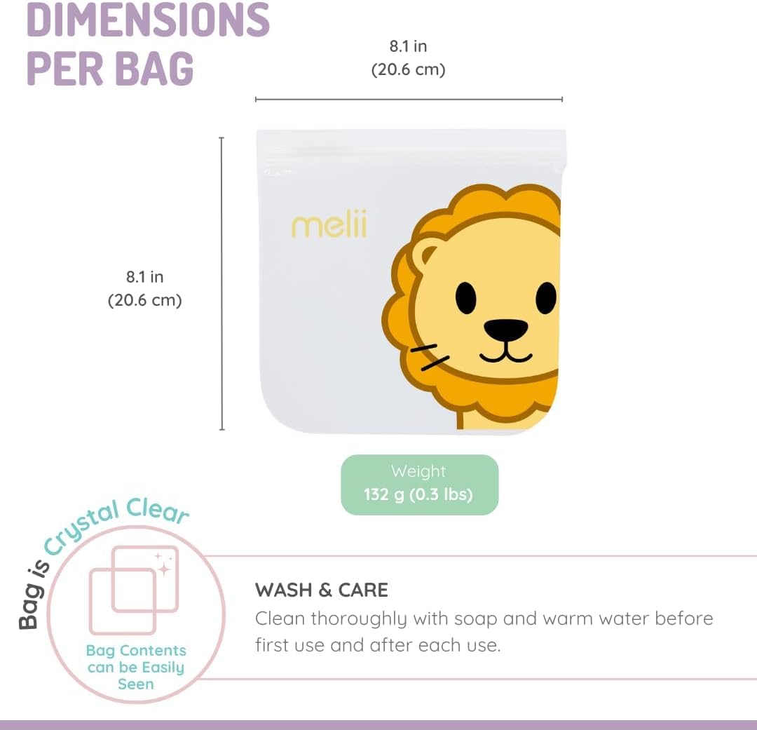 melii Reusable EVA Animal Snack Bags, Pack of 4, Leak Resistant, Washable & Reusable