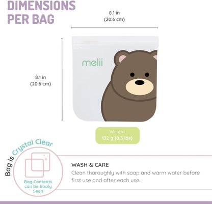 melii Reusable EVA Animal Snack Bags, Pack of 4, Leak Resistant, Washable & Reusable