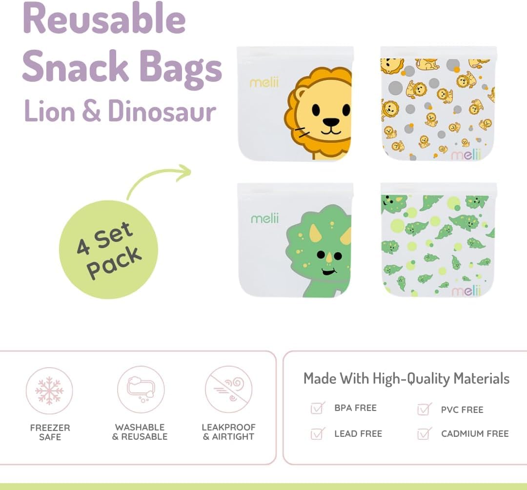 melii Reusable EVA Animal Snack Bags, Pack of 4, Leak Resistant, Washable & Reusable