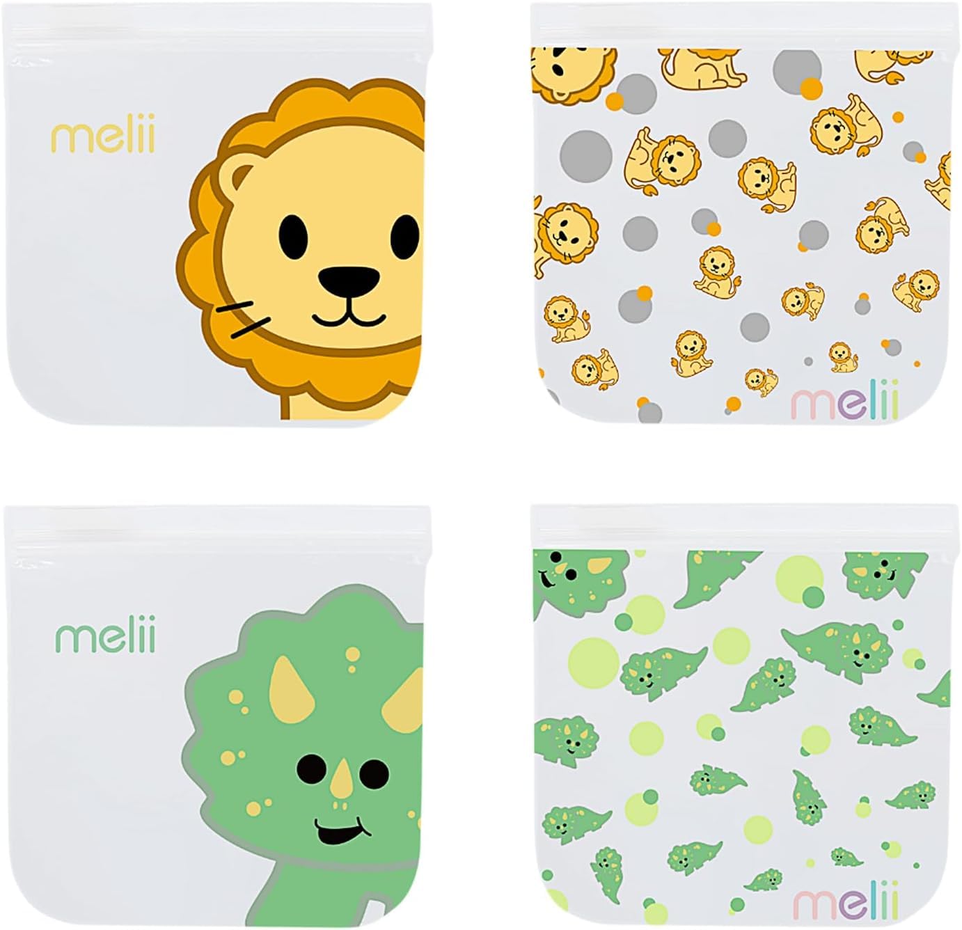 melii Reusable EVA Animal Snack Bags, Pack of 4, Leak Resistant, Washable & Reusable