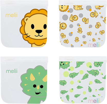 melii Reusable EVA Animal Snack Bags, Pack of 4, Leak Resistant, Washable & Reusable