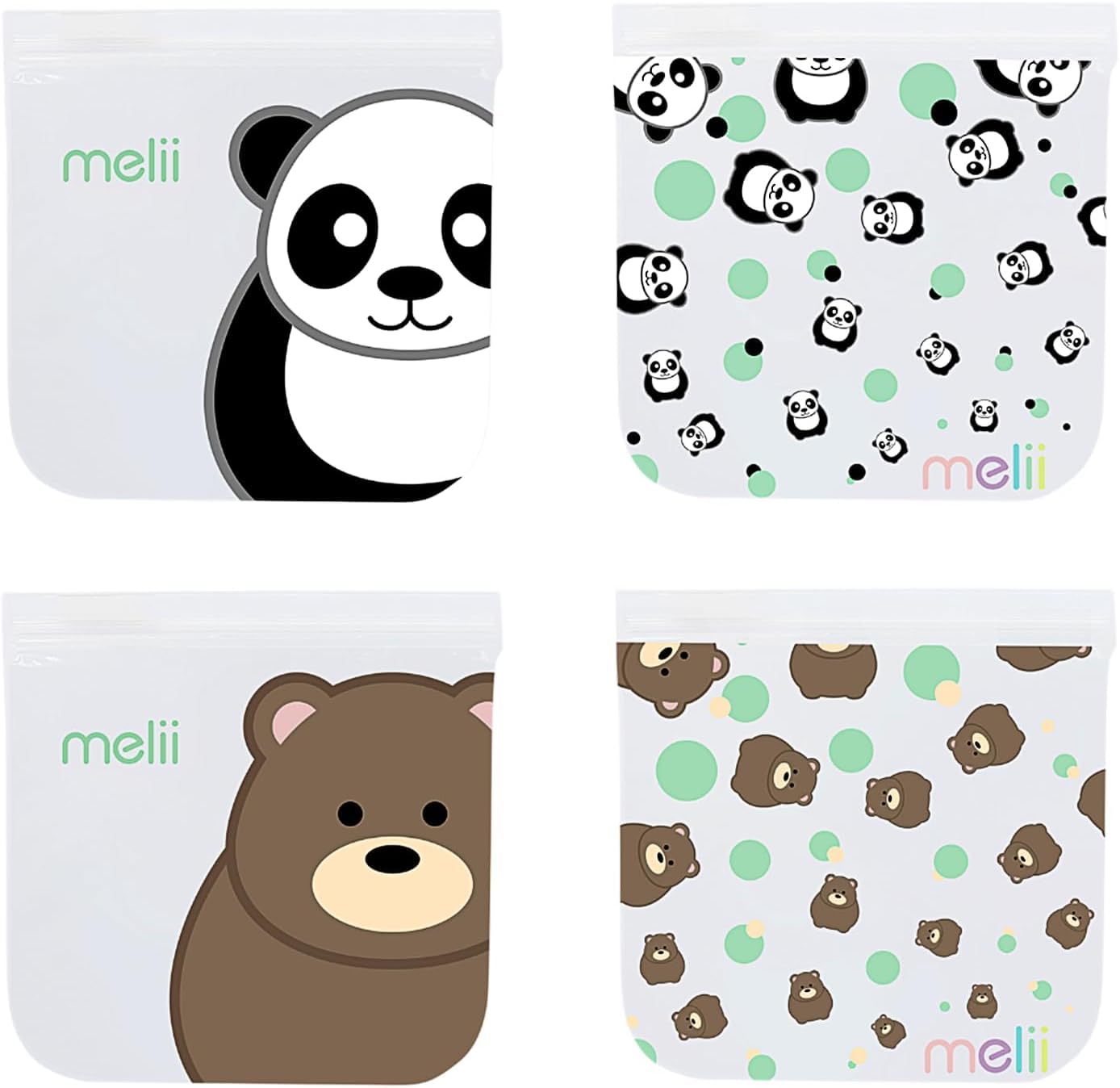 melii Reusable EVA Animal Snack Bags, Pack of 4, Leak Resistant, Washable & Reusable