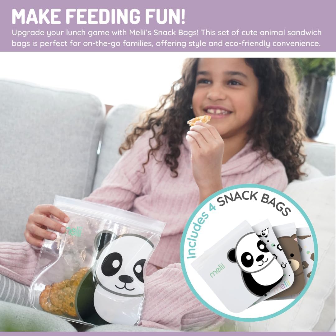 melii Reusable EVA Animal Snack Bags, Pack of 4, Leak Resistant, Washable & Reusable