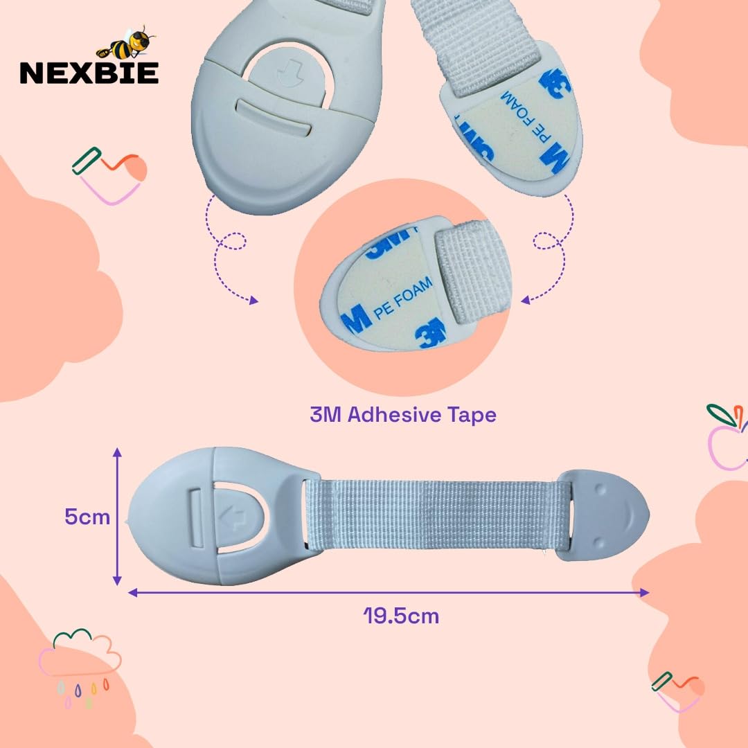 Nexbie Baby Safety Locks for Cabinet, Drawer, Fridge & Cupboard, White, Pack of 10