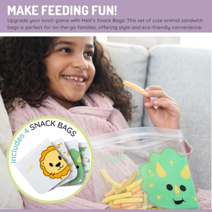 melii Reusable EVA Animal Snack Bags, Pack of 4, Leak Resistant, Washable & Reusable
