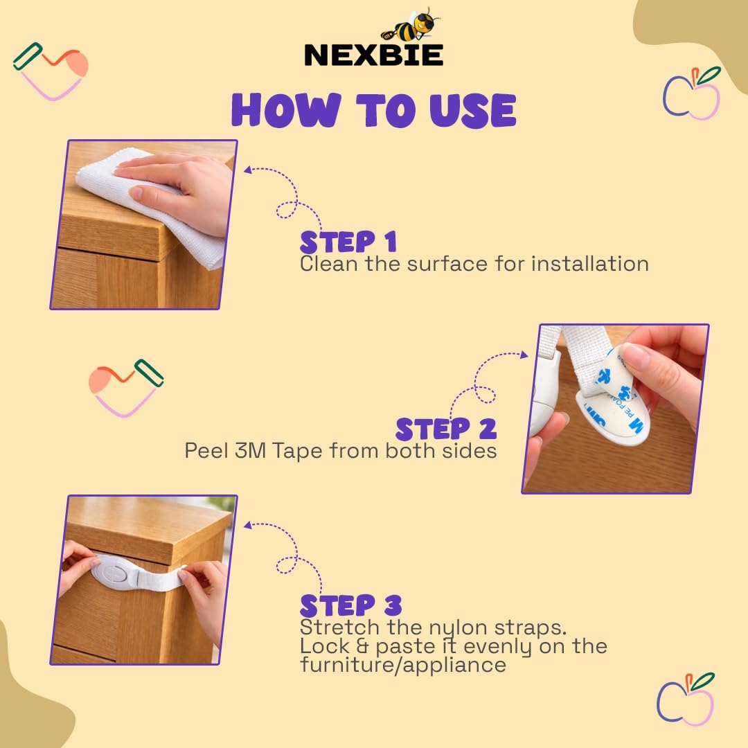 Nexbie Baby Safety Locks for Cabinet, Drawer, Fridge & Cupboard, White, Pack of 10