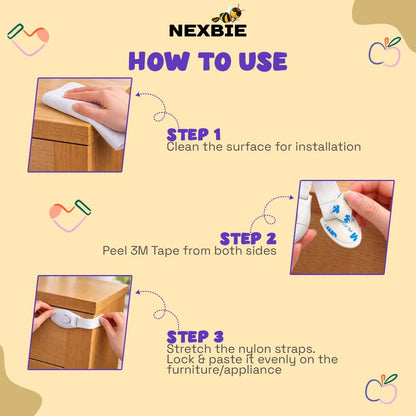 Nexbie Baby Safety Locks for Cabinet, Drawer, Fridge & Cupboard, White, Pack of 10