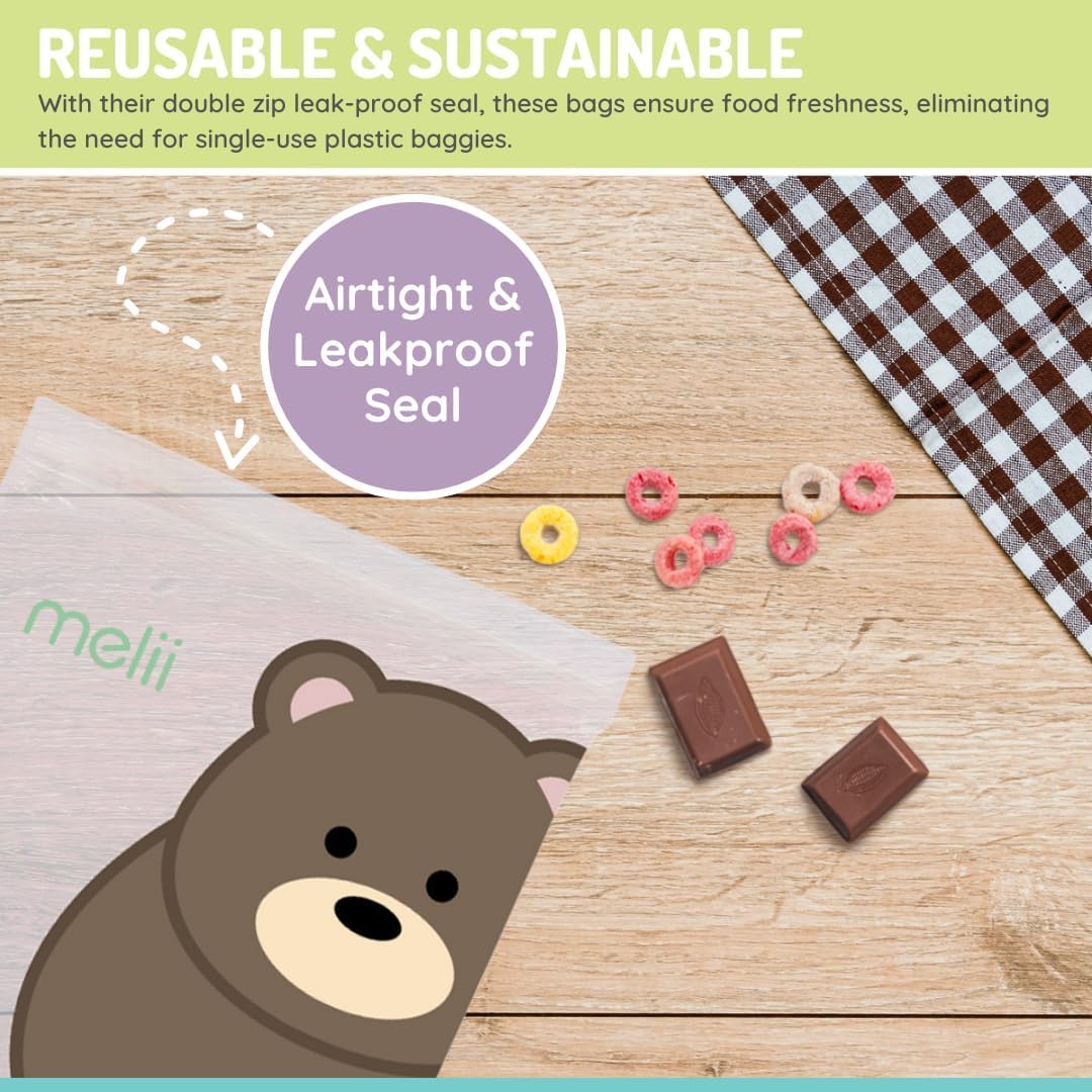 melii Reusable EVA Animal Snack Bags, Pack of 4, Leak Resistant, Washable & Reusable